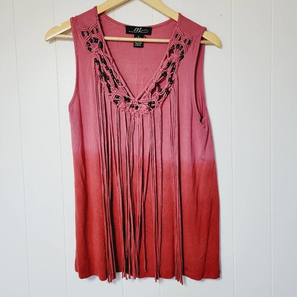 Midnight Velvet Bohemian Beaded Fringe Ombre Tank, Pink/Red